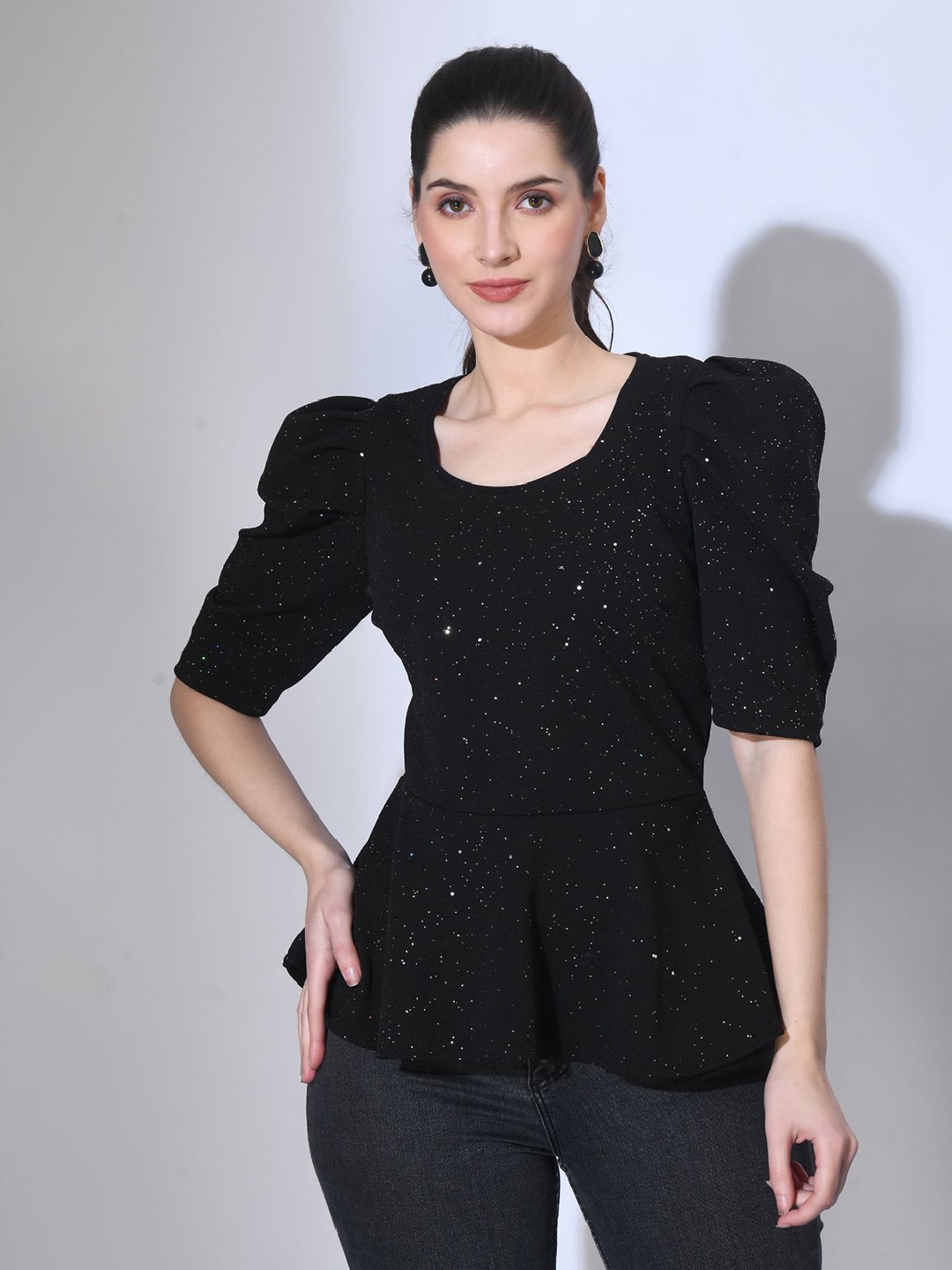 

BAESD Embellished Round Neck Power Shoulders Peplum Top, Black