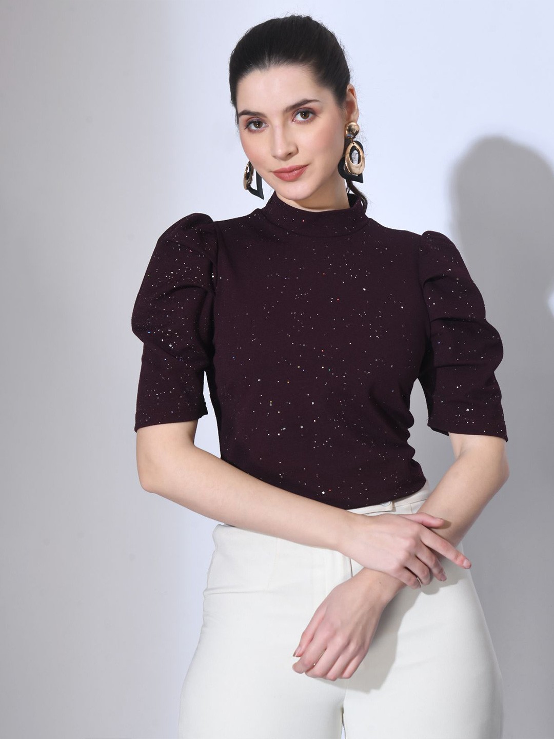 

BAESD Embellished High Neck Power Shoulders Crop Top, Purple
