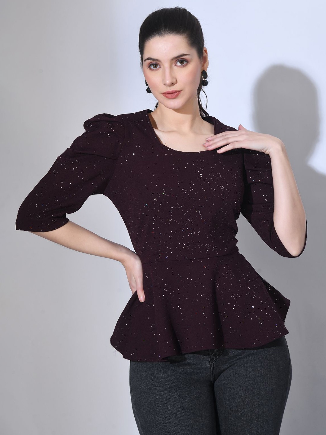 

BAESD Embellished Round Neck Power Shoulders Peplum Top, Purple