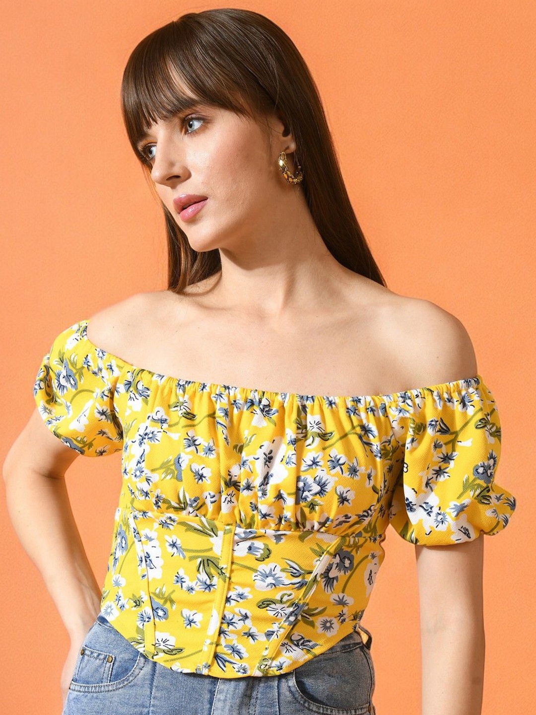 

BAESD Floral Printed Off-Shoulder Puff Sleeve Bardot Top, Yellow
