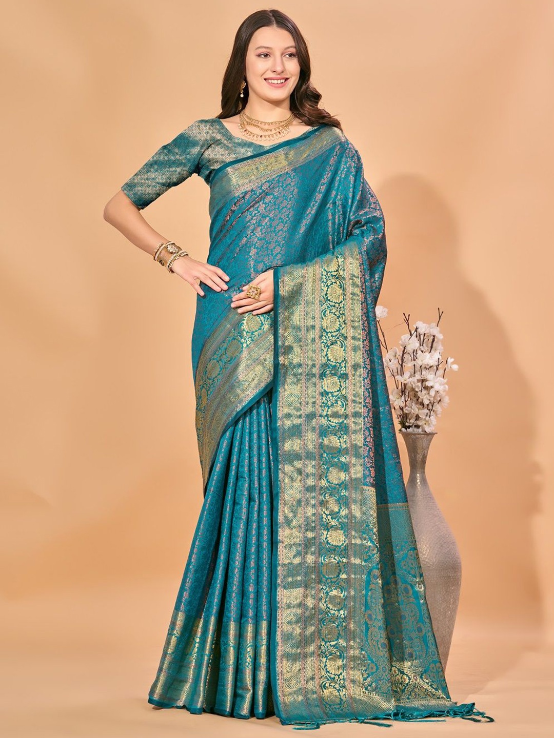 

Dhyey Fashion Woven Design Kanjeevaram Saree, Teal