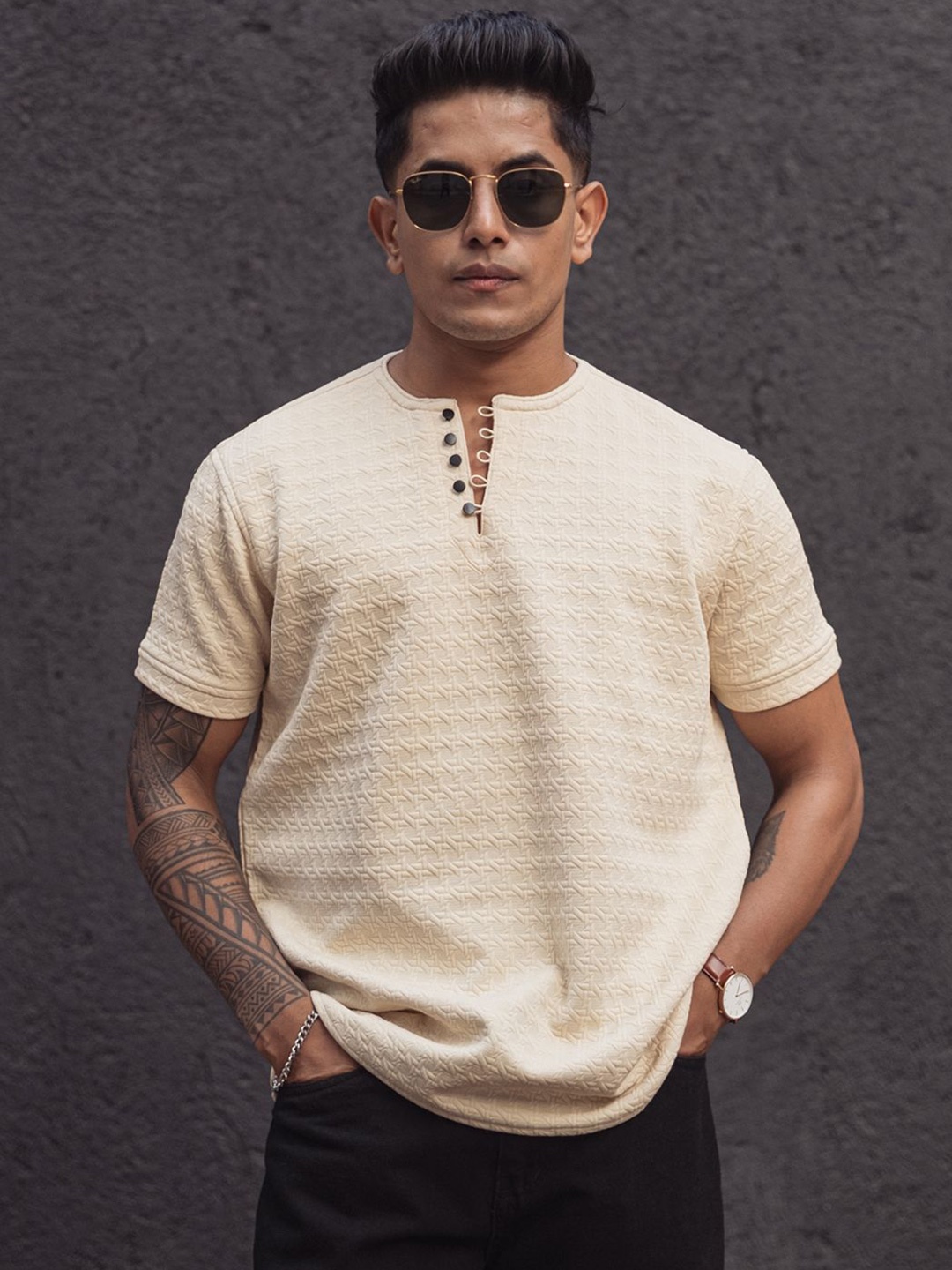 

Powerlook Men Self Design Henley Neck T-shirt, Cream