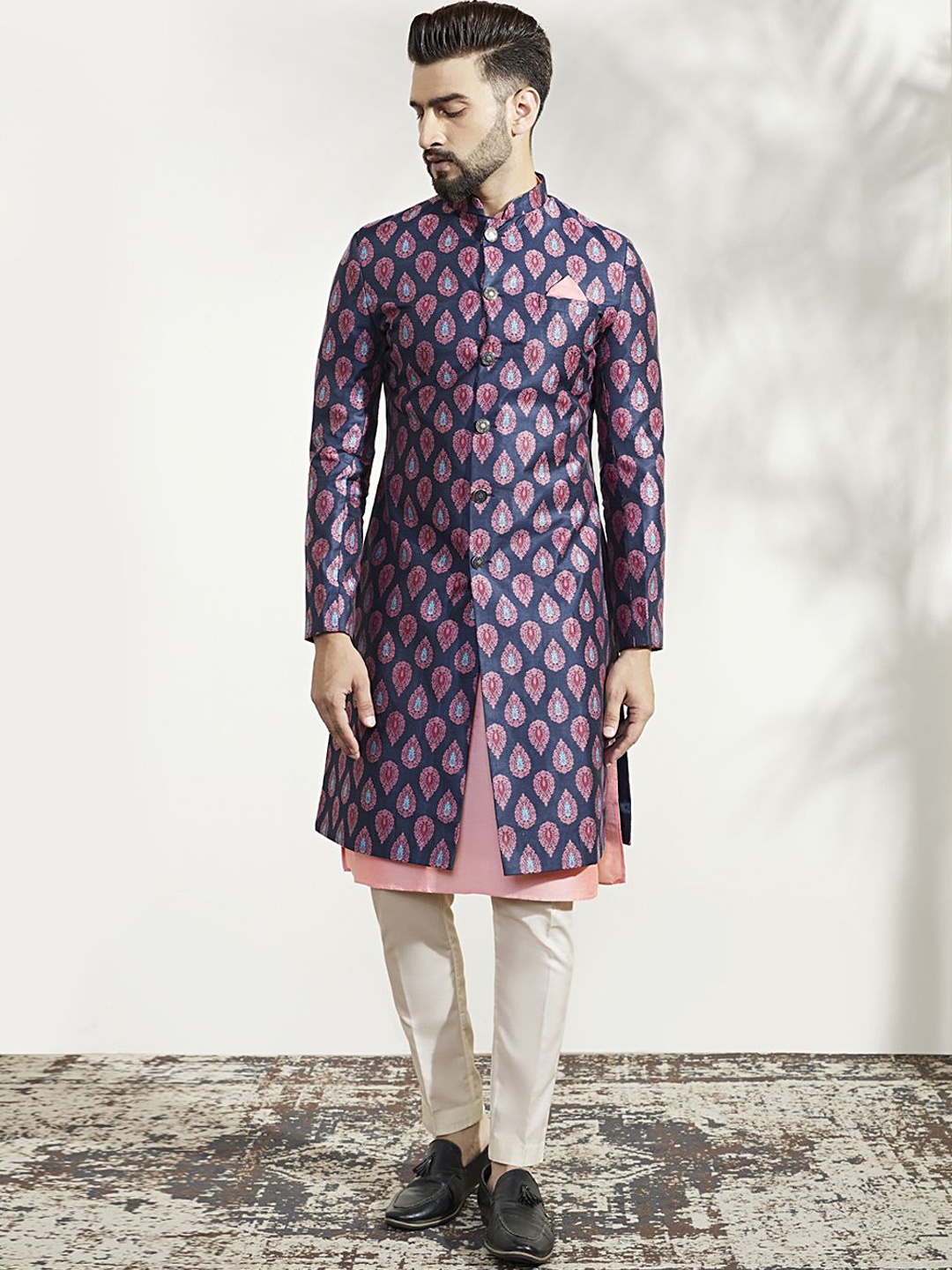 KISAH Men Regular fit Patchwork Indowestern Sherwani, Navy blue