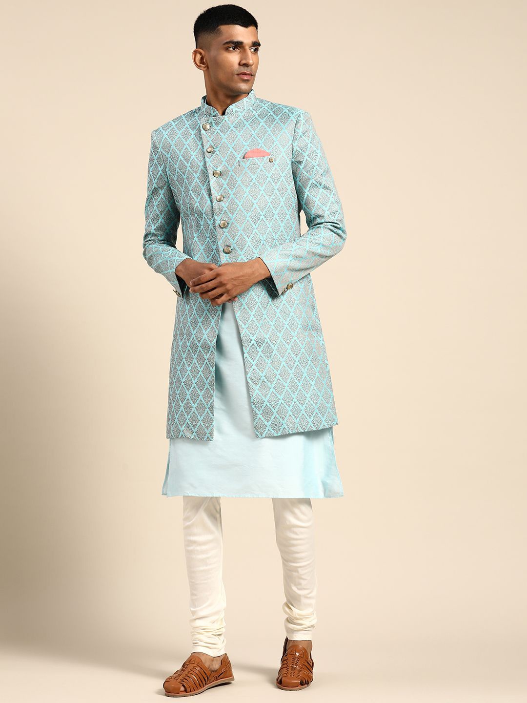 

KISAH Men Mandarin Collar Floral Printed Indowestern Sherwani, Blue
