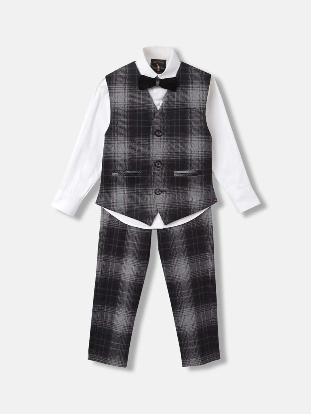 

Blue Giraffe Boys Checked Single-Breasted 4-Piece Suit, Black