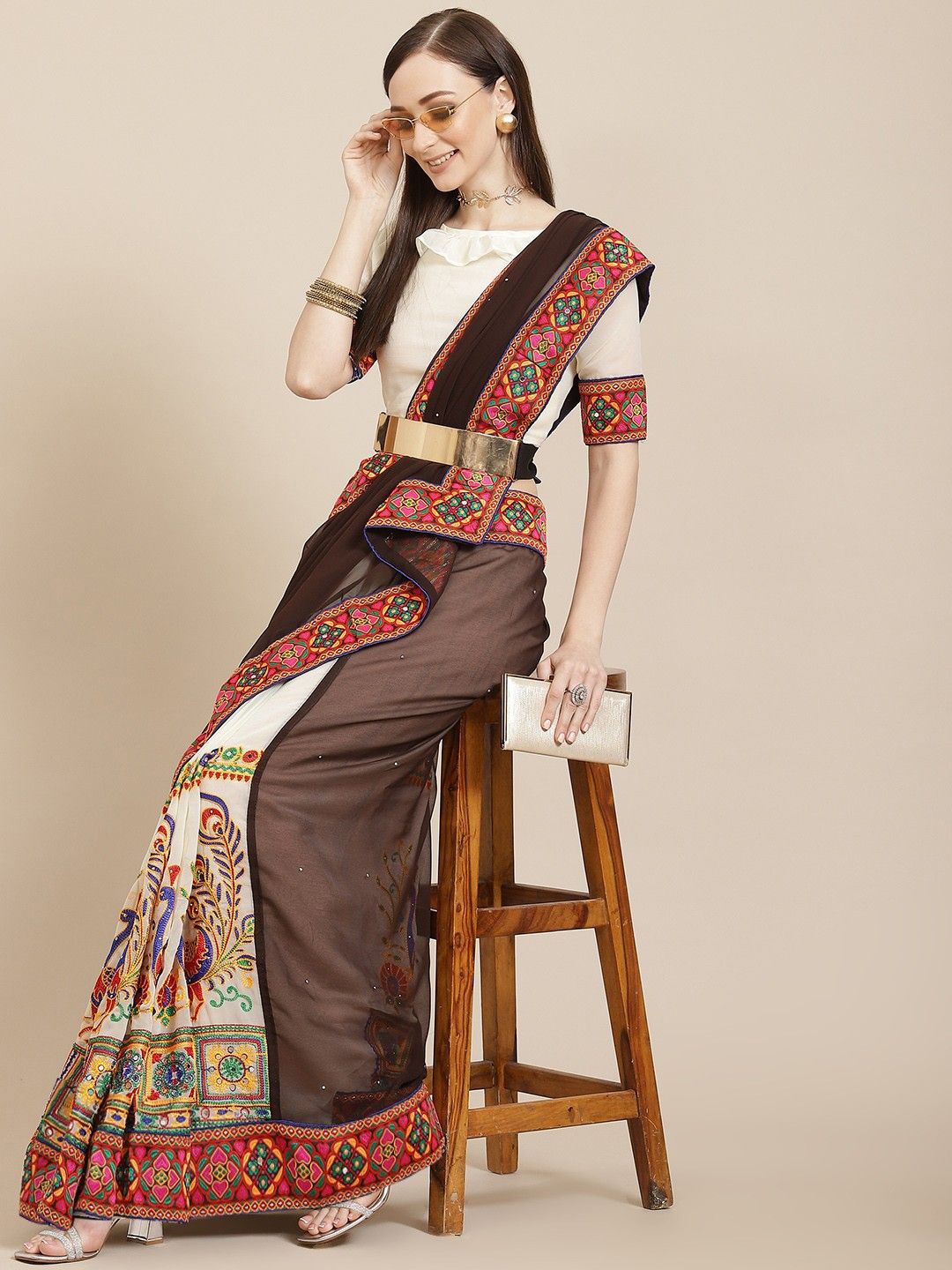KALINI Kutchi Embroidery Pure Georgette Half and Half Saree, Brown