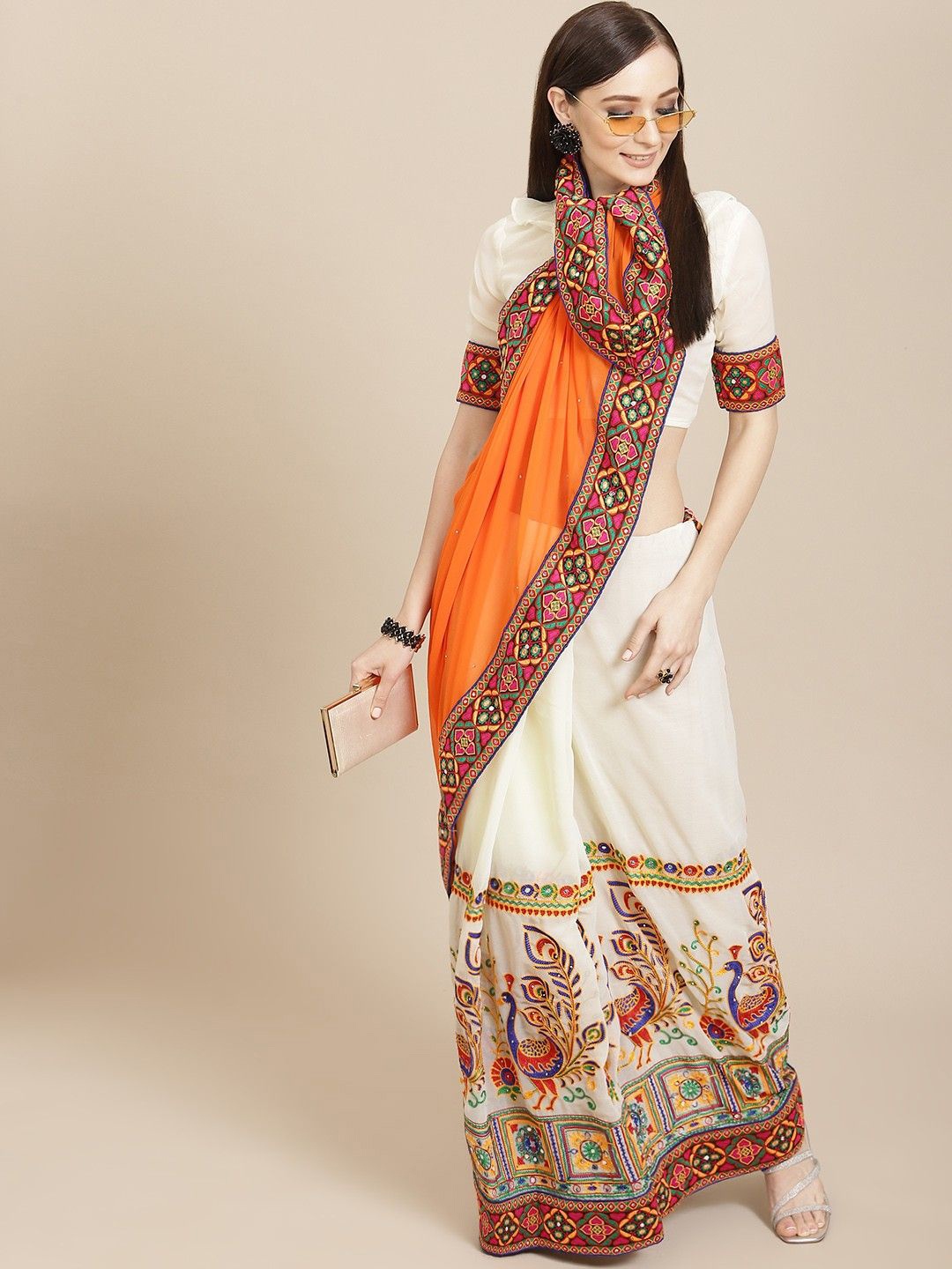 KALINI Ethnic Motifs Mirror Work Pure Georgette Saree, Orange