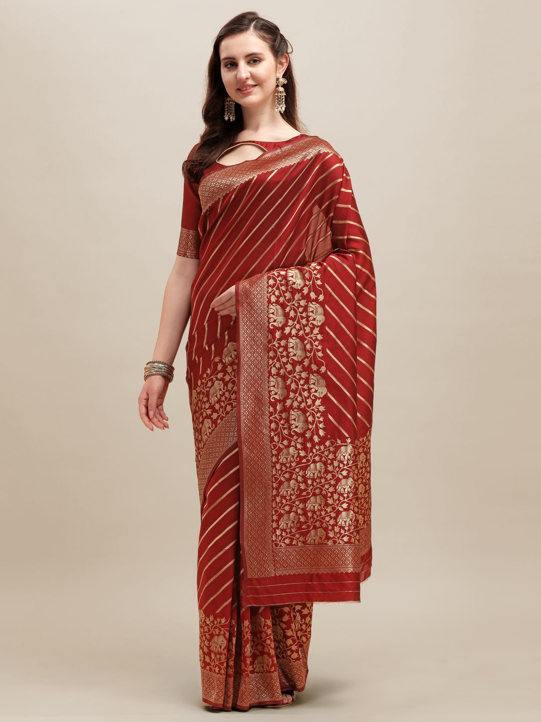 

KALINI Ethnic Motifs Zari Banarasi Saree, Maroon