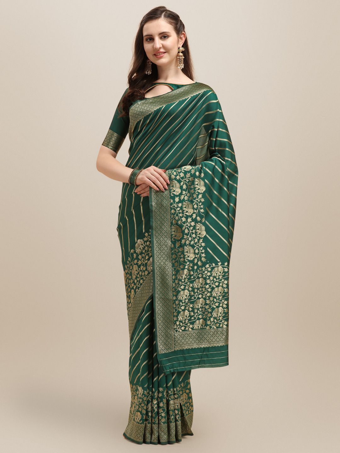 

KALINI Ethnic Motifs Zari Banarasi Saree, Green