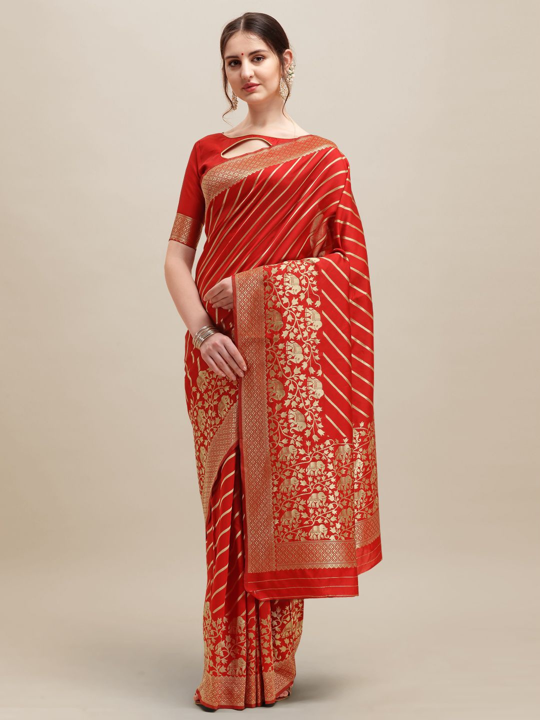 

KALINI Striped Zari Banarasi Saree, Red