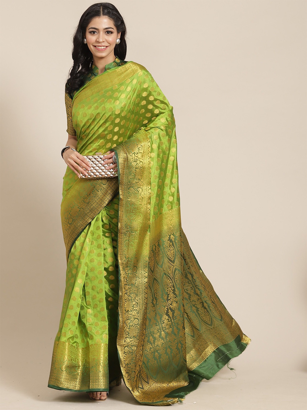

KALINI Ethnic Motifs Woven Design Zari Banarasi Saree, Green