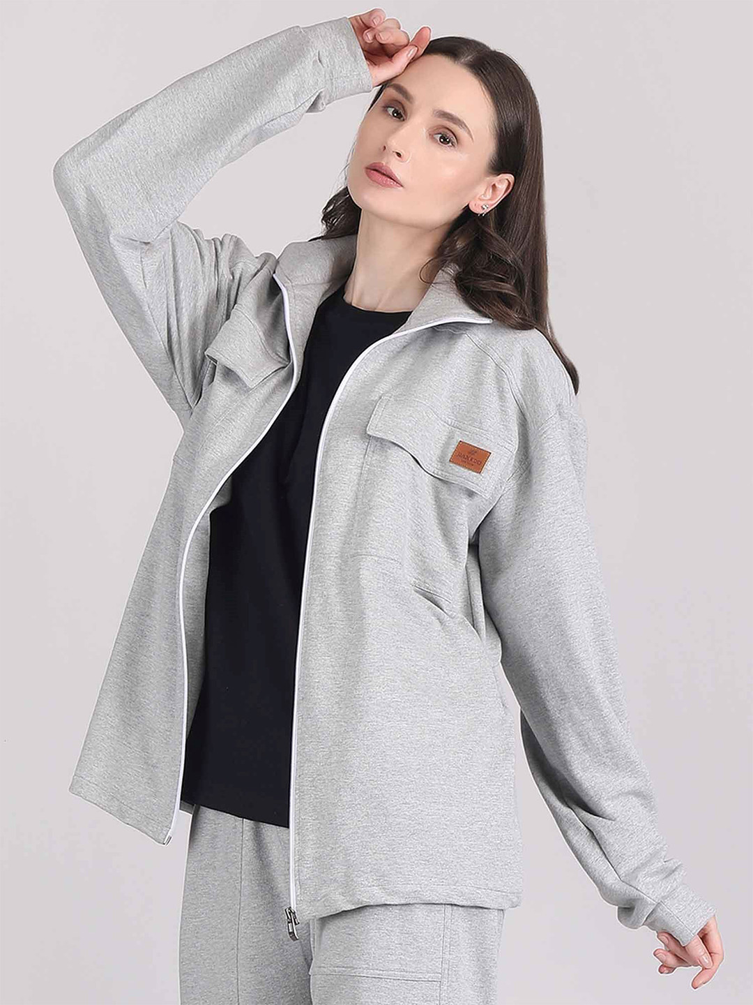 

Raxedo Women Solid Pocket Detailing Shacket Relaxed Casual Cotton Shirt, Grey