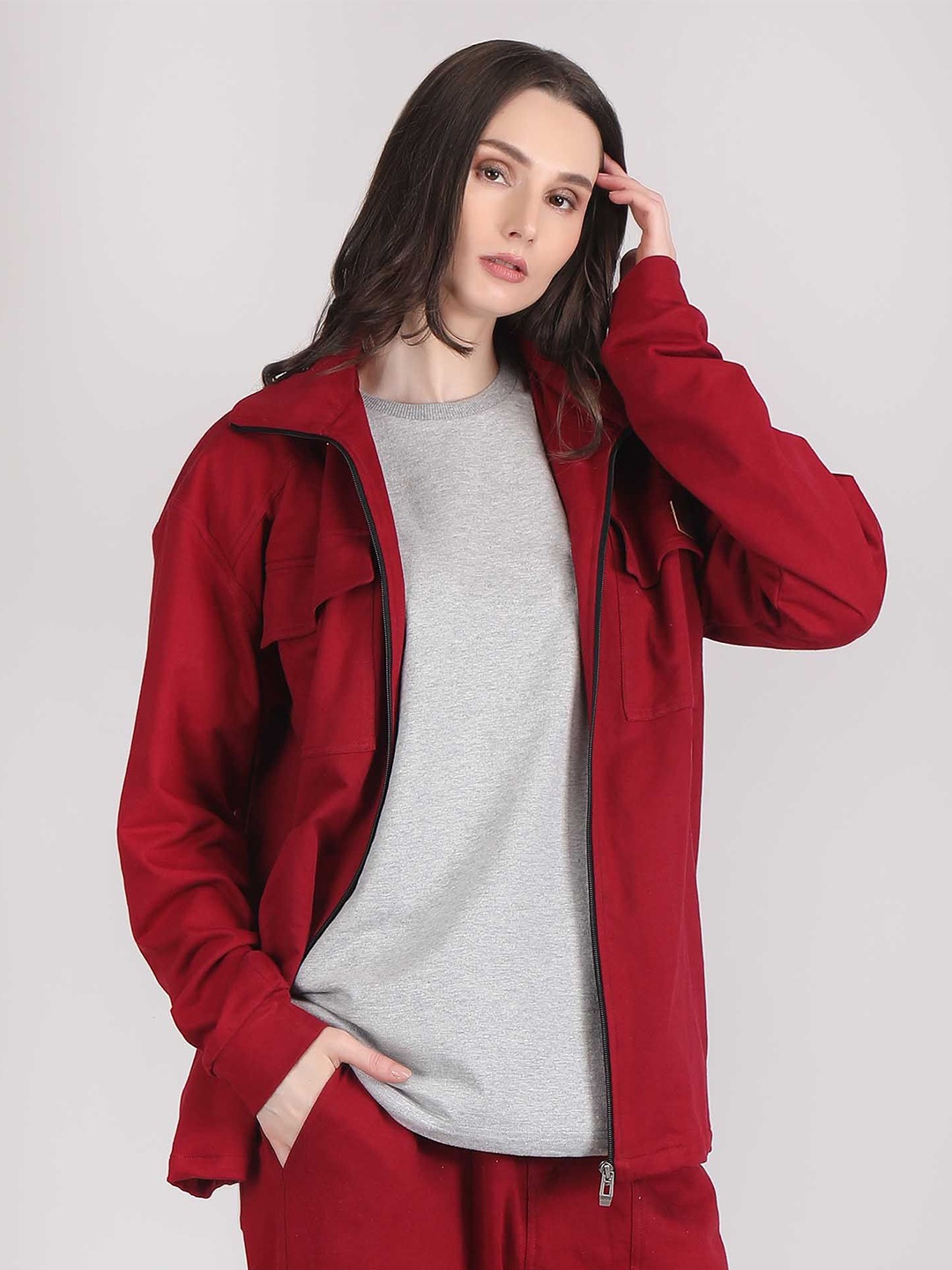 

Raxedo Women Solid Pocket Detailing Shacket Relaxed Casual Cotton Shirt, Maroon