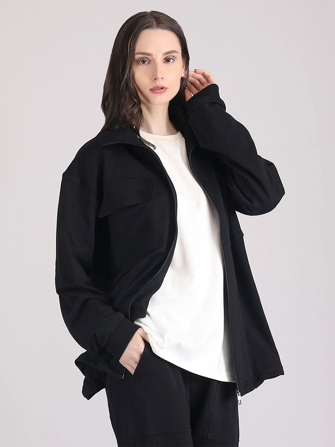 

Raxedo Women Solid Pocket Detailing Shacket Relaxed Casual Cotton Shirt, Black