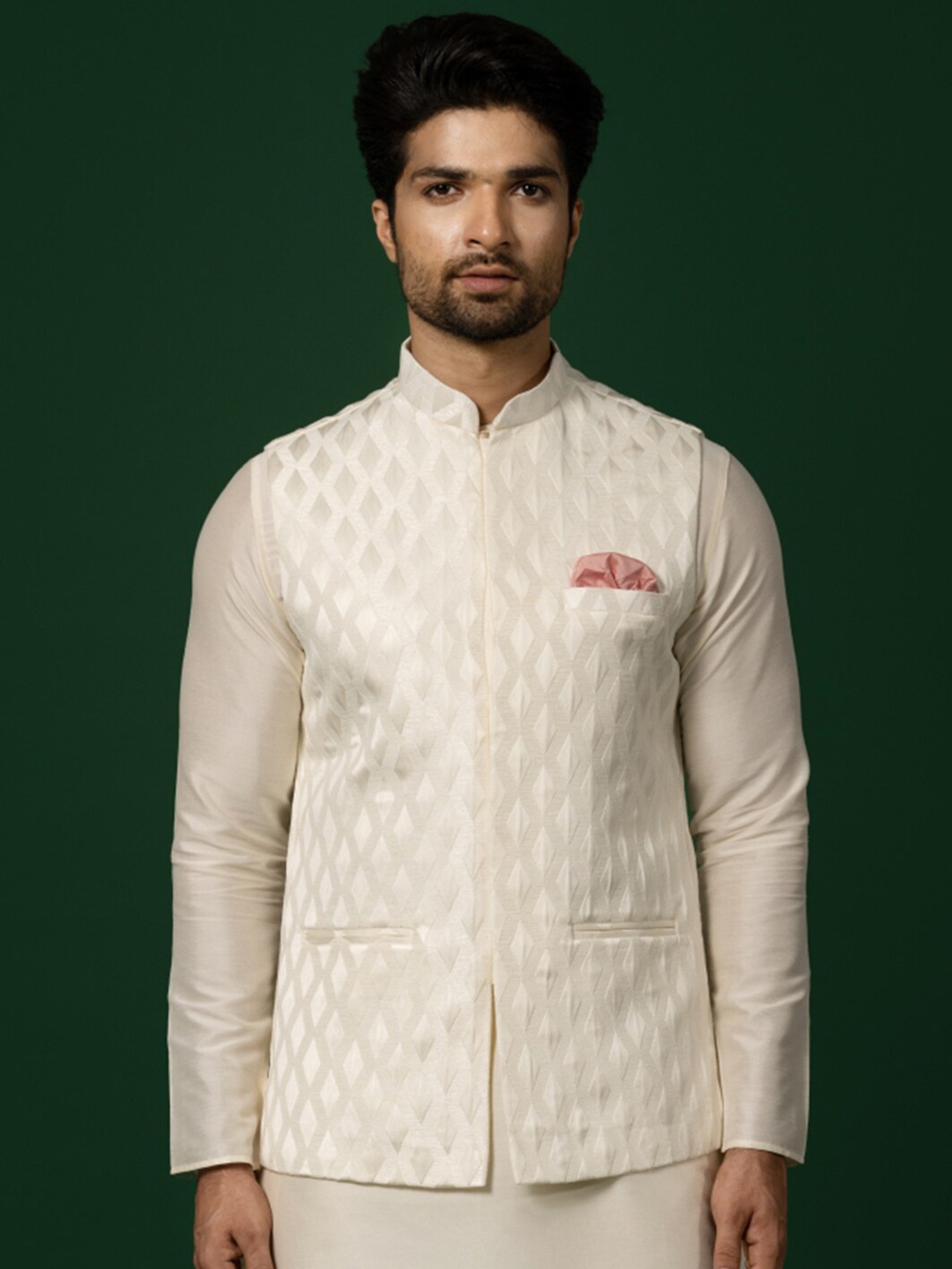 

KISAH Woven Designed Nehru Jackets, Cream