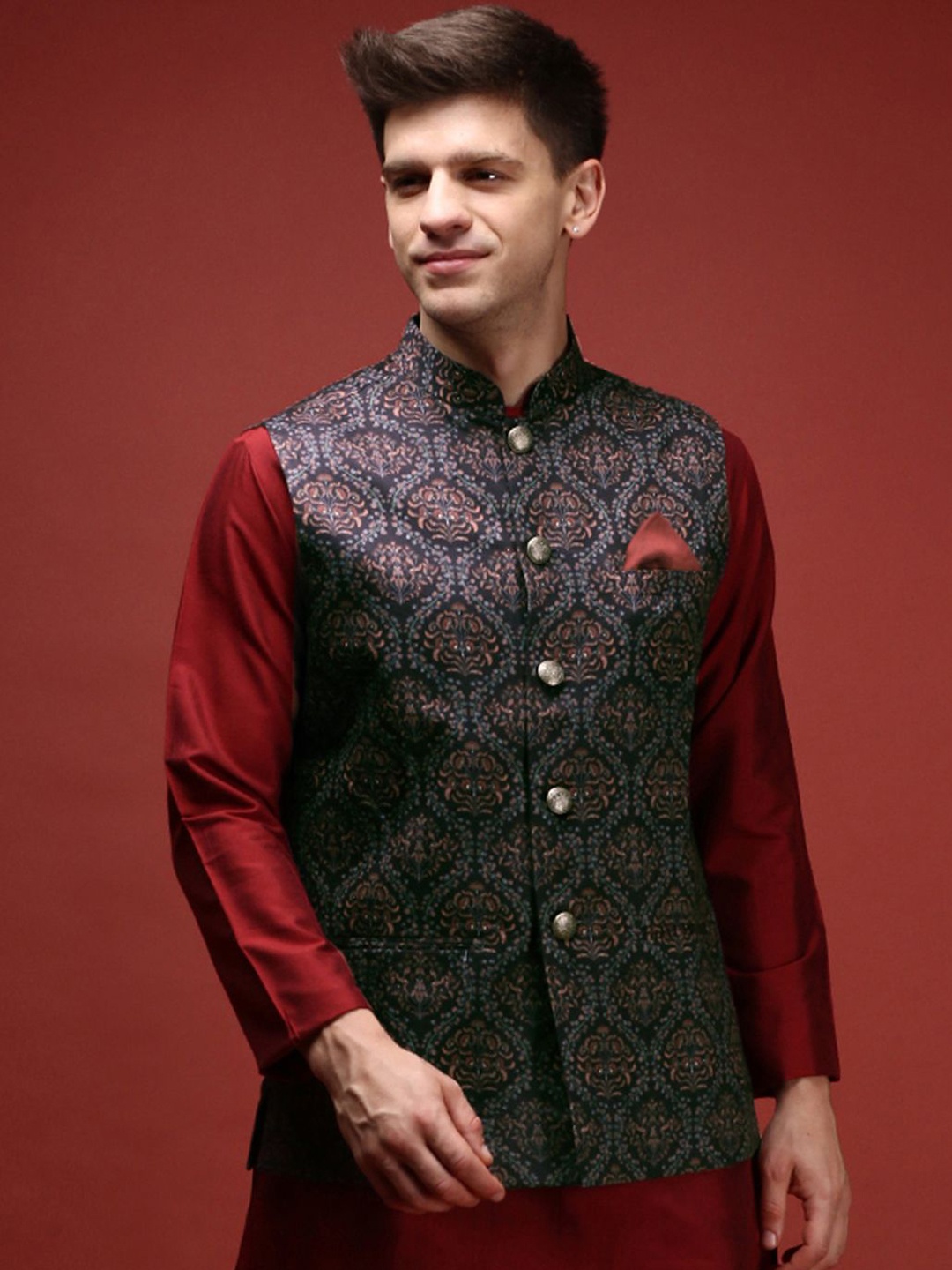 

KISAH Printed Woven Design Nehru Jacket, Black