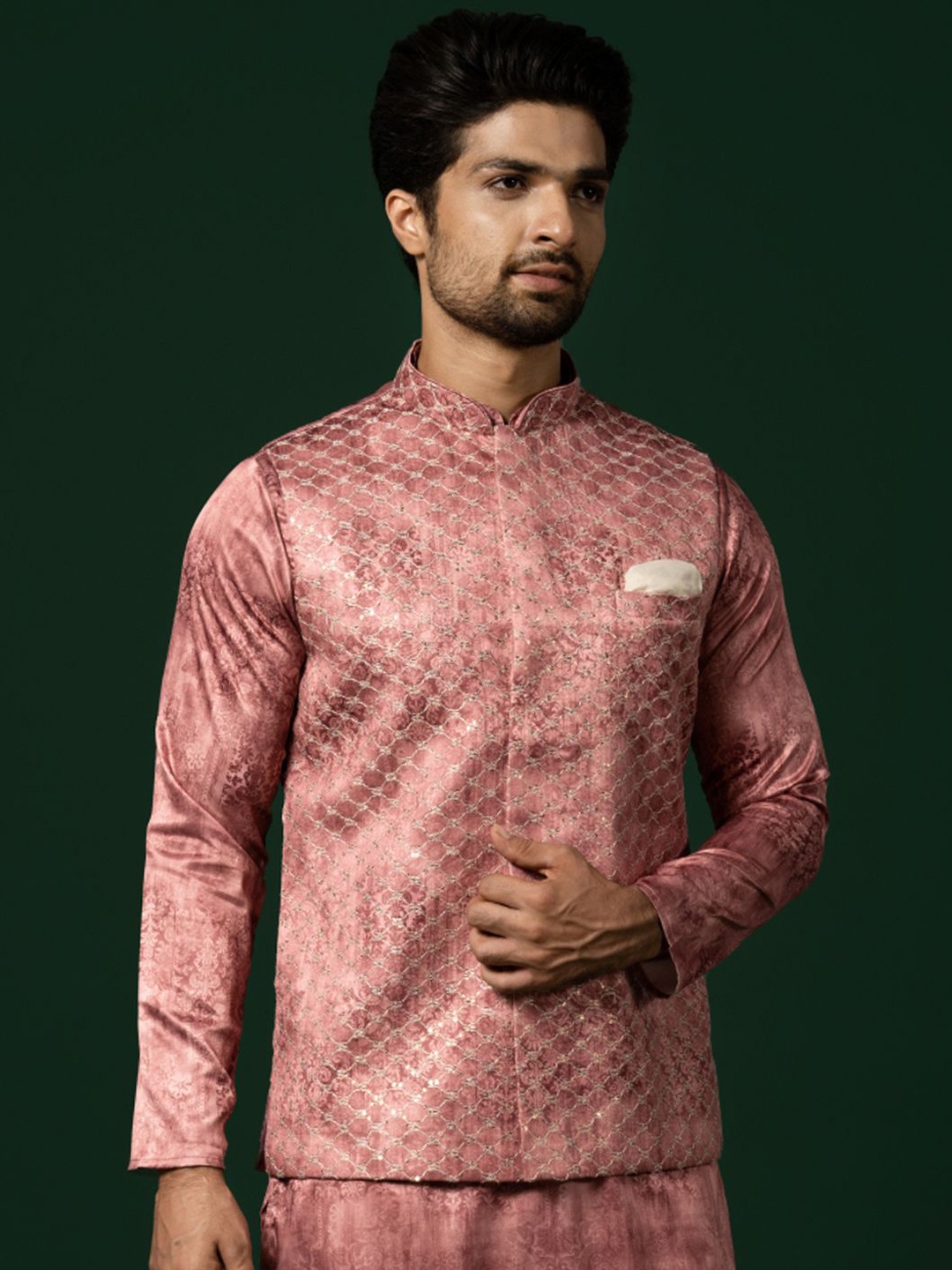 

KISAH Woven Design Mandarin Collar Nehru Jackets, Pink