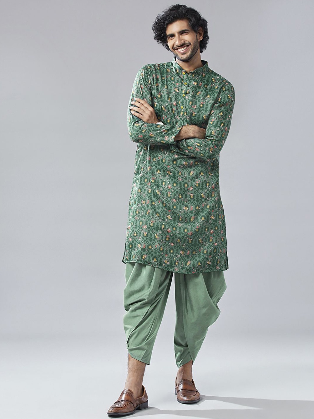 

KISAH Ethnic Motifs Printed Mandarin Collar Long Sleeves Straight Kurta, Green