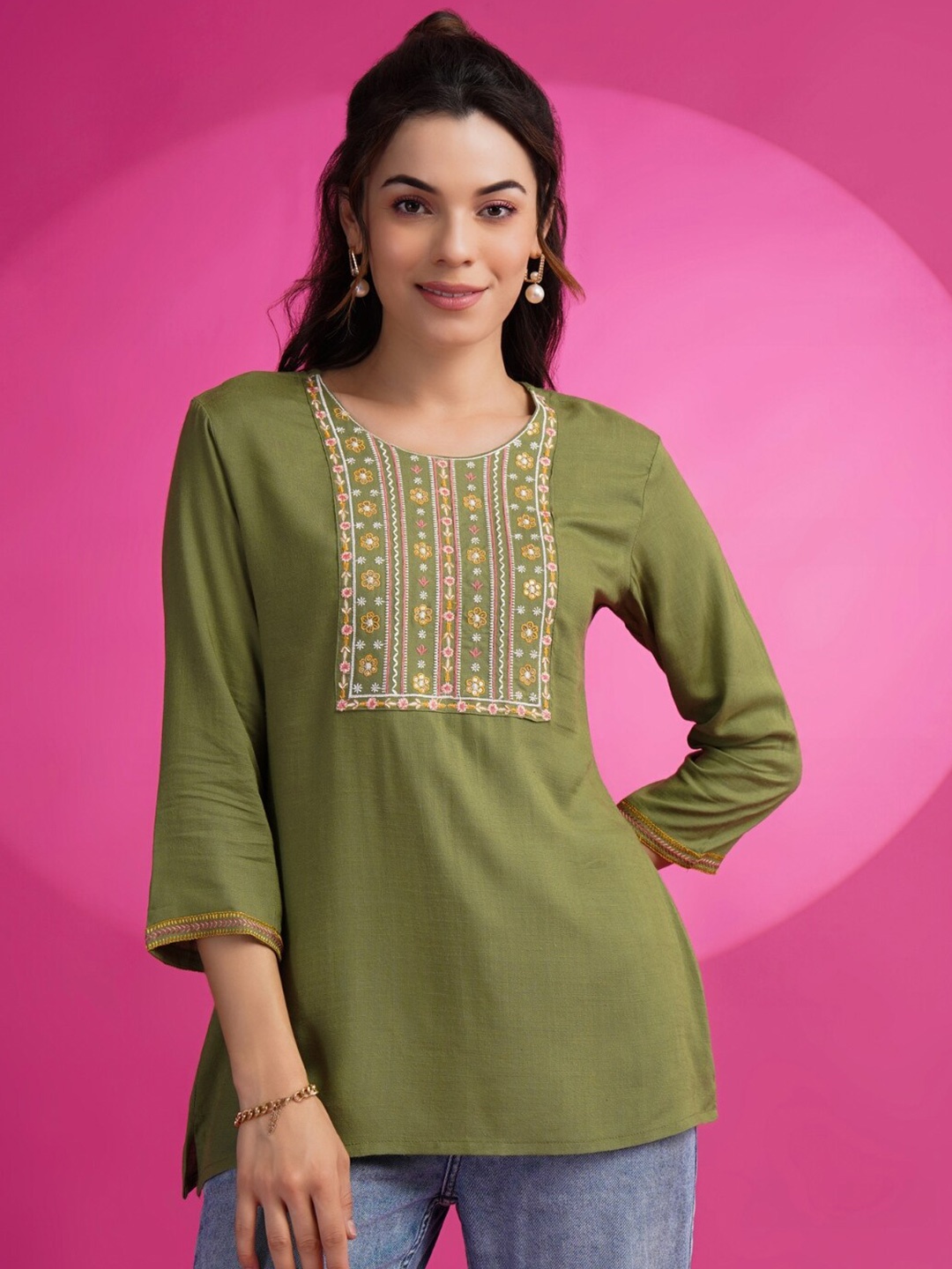 

KALINI Embroidered Round Neck Patch Work Straight Kurti, Green