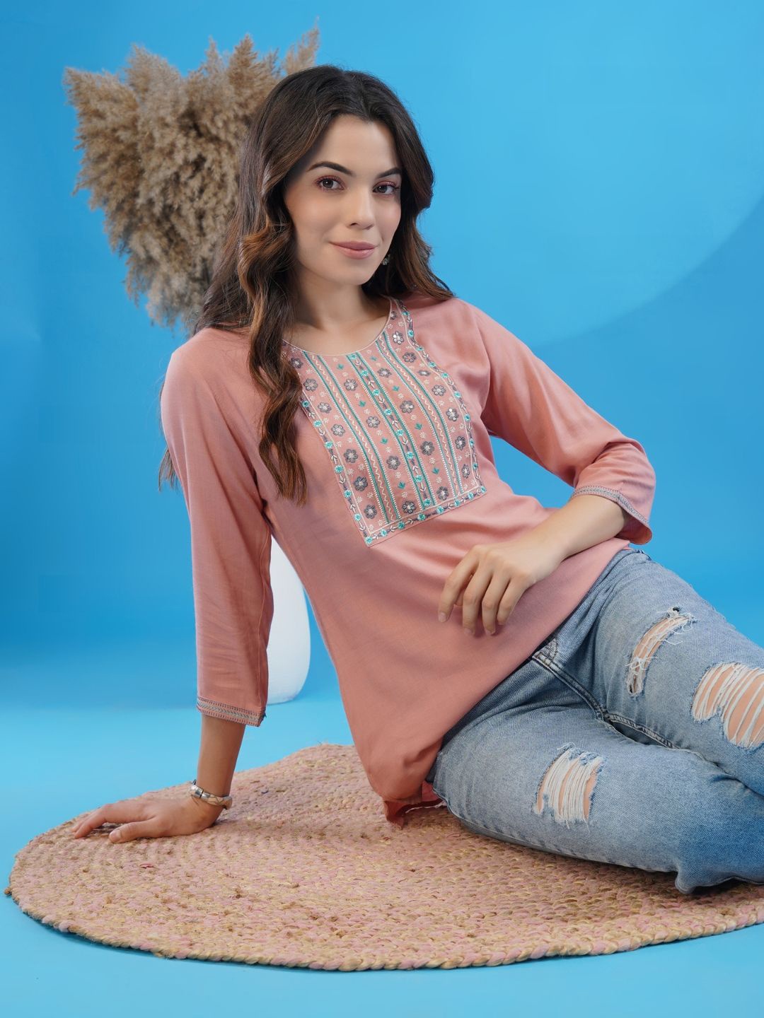 

KALINI Embroidered Round Neck Patch Work Straight Kurti, Peach