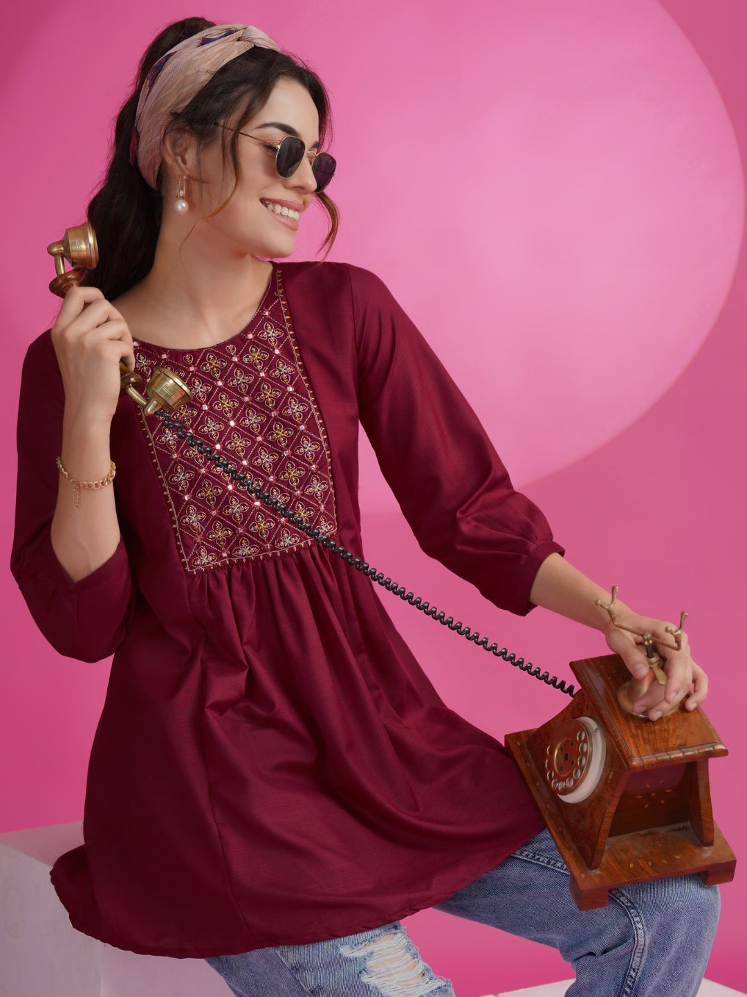 

KALINI Embroidered Round Neck Mirror Work A-Line Kurti, Maroon