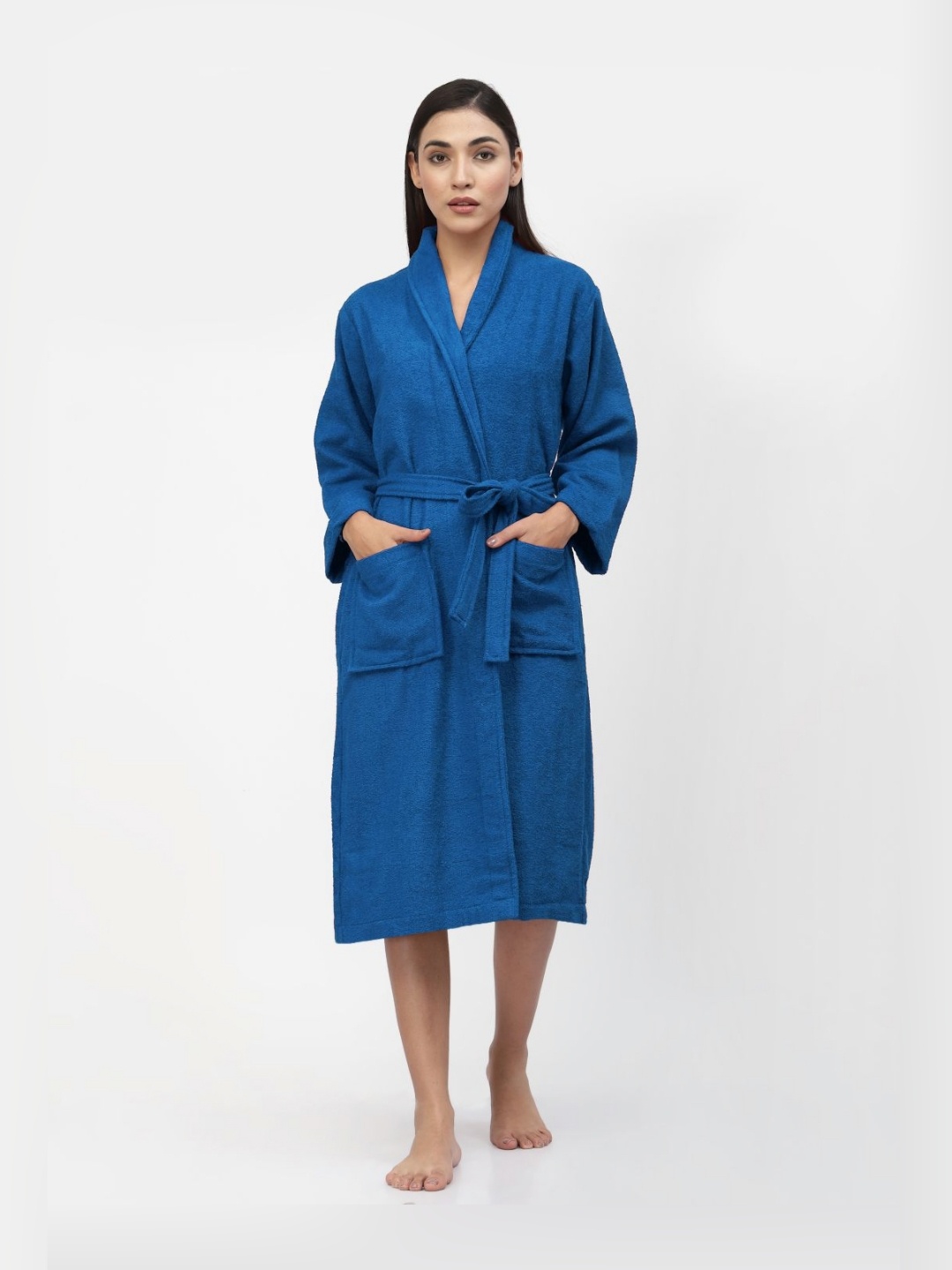 

FABINALIV Solid Pure Cotton Women's Bath Robe with Belt and 2 Front Pockets, Blue