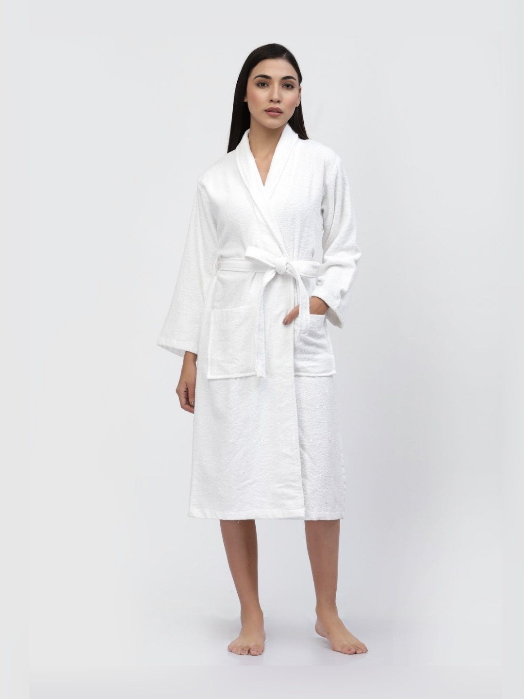 

FABINALIV Solid Pure Cotton Women's Bath Robe with Belt and 2 Front Pockets, White