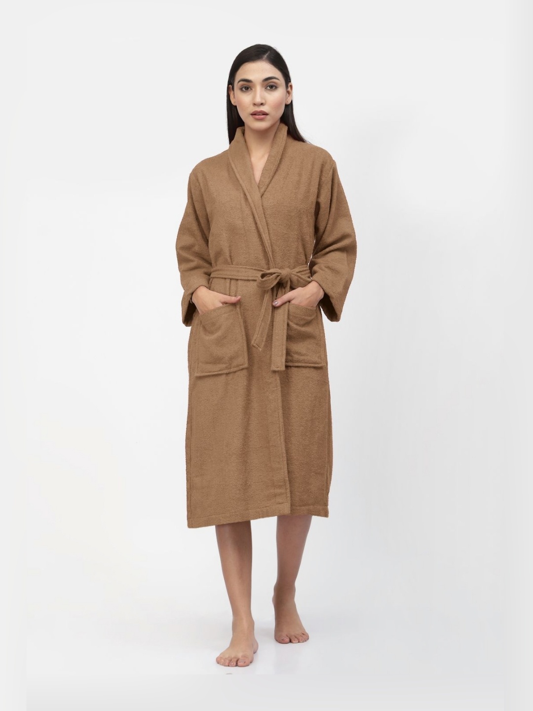 

FABINALIV Women Solid Pure Cotton Bath Robe with Belt and 2 Front Pockets, Brown