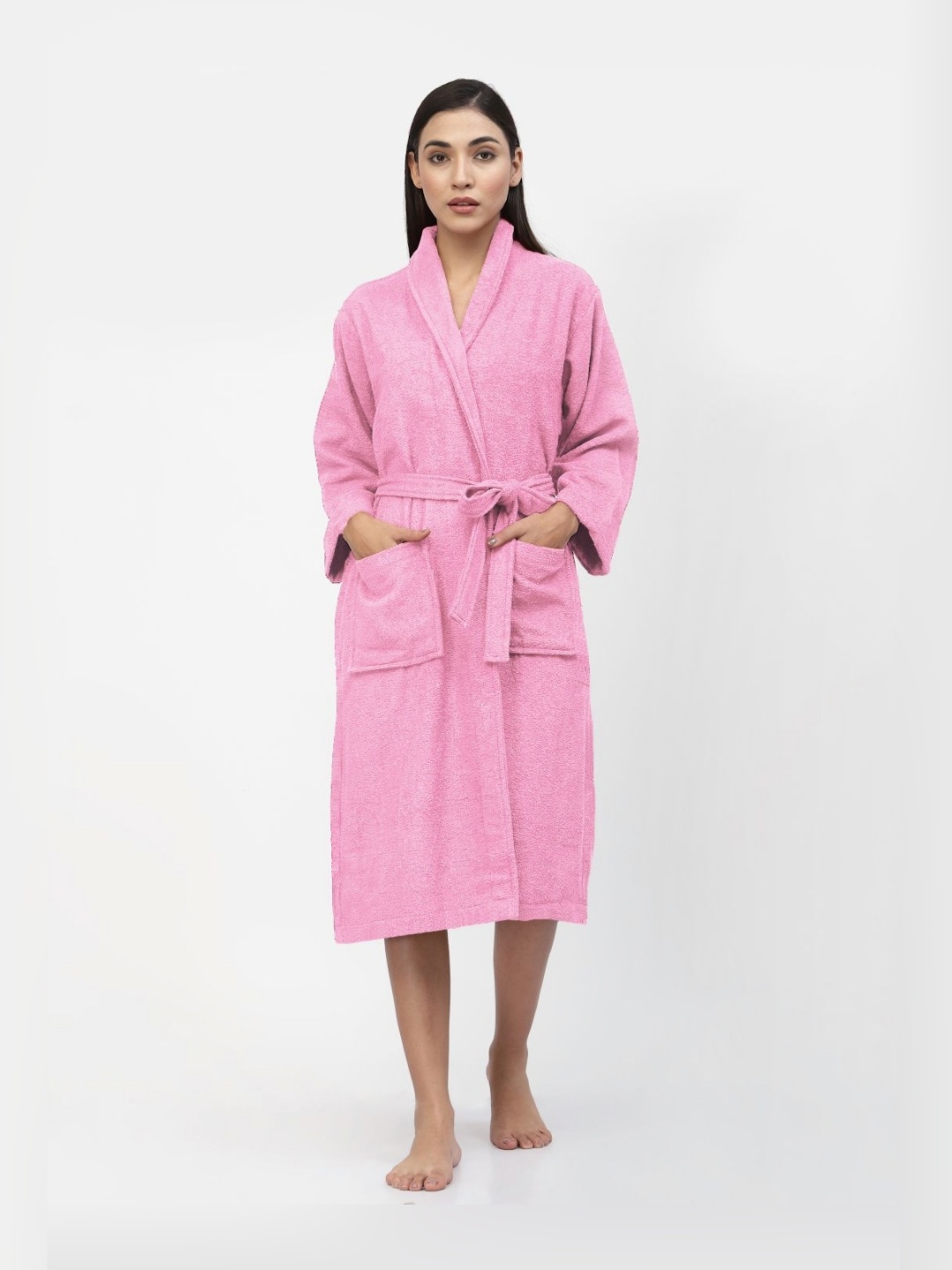 

FABINALIV Women Solid Pure Cotton Bath Robe with Belt and 2 Front Pockets, Pink