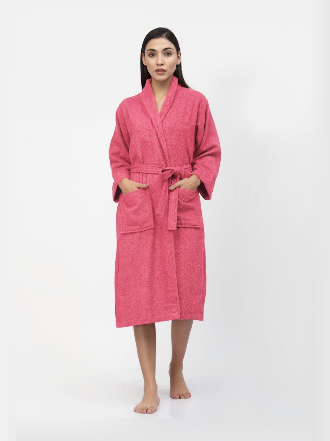 

FABINALIV Women Solid Pure Cotton Bath Robe with Belt and 2 Front Pockets, Pink
