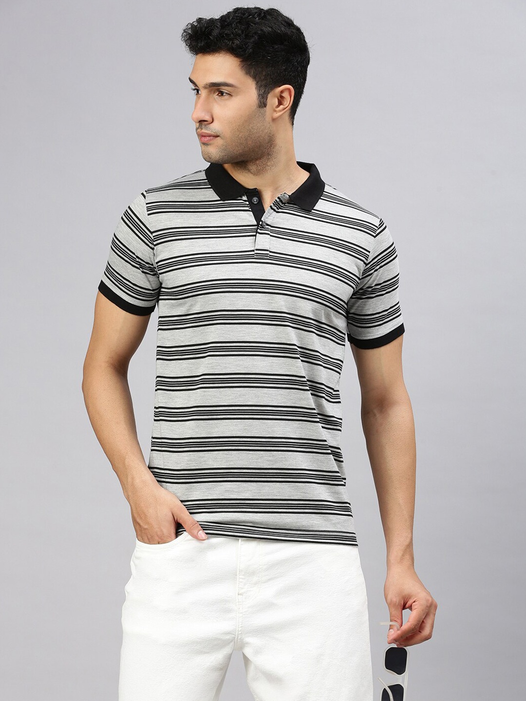 

ZEDD Men Striped Polo Collar T-shirt, Grey