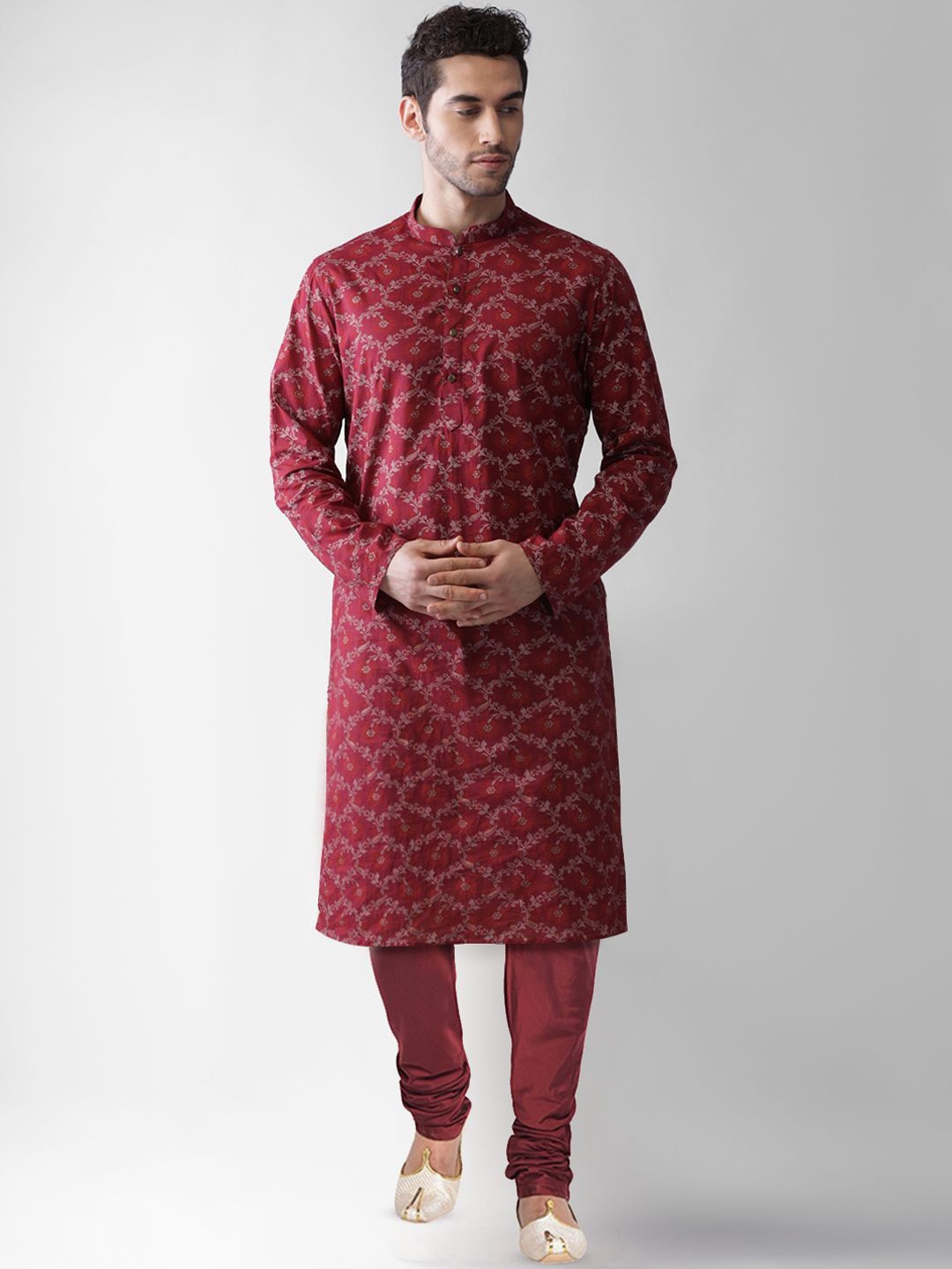 

KISAH Floral Printed Mandarin Collar Regular Kurta with Churidar, Maroon