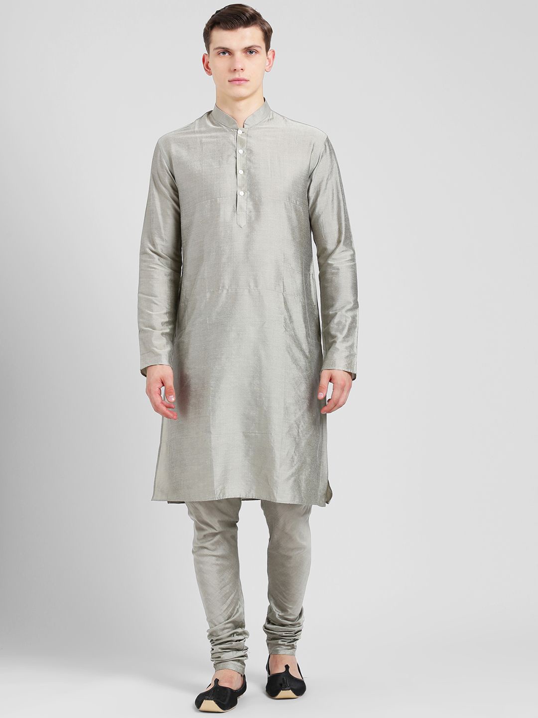 

KISAH Mandarin Collar Long Sleeves Regular Kurta with Churidar, Grey