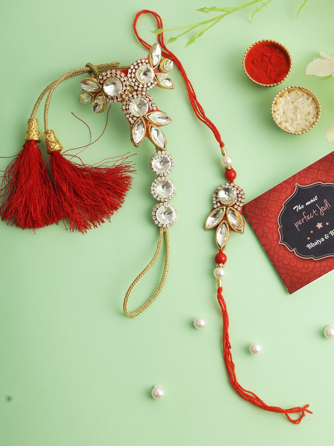 

TIED RIBBONS Set of 2 Stone Bhaiya Bhabhi Bracelet Rakhi, Card & Roli Chawal, Gold