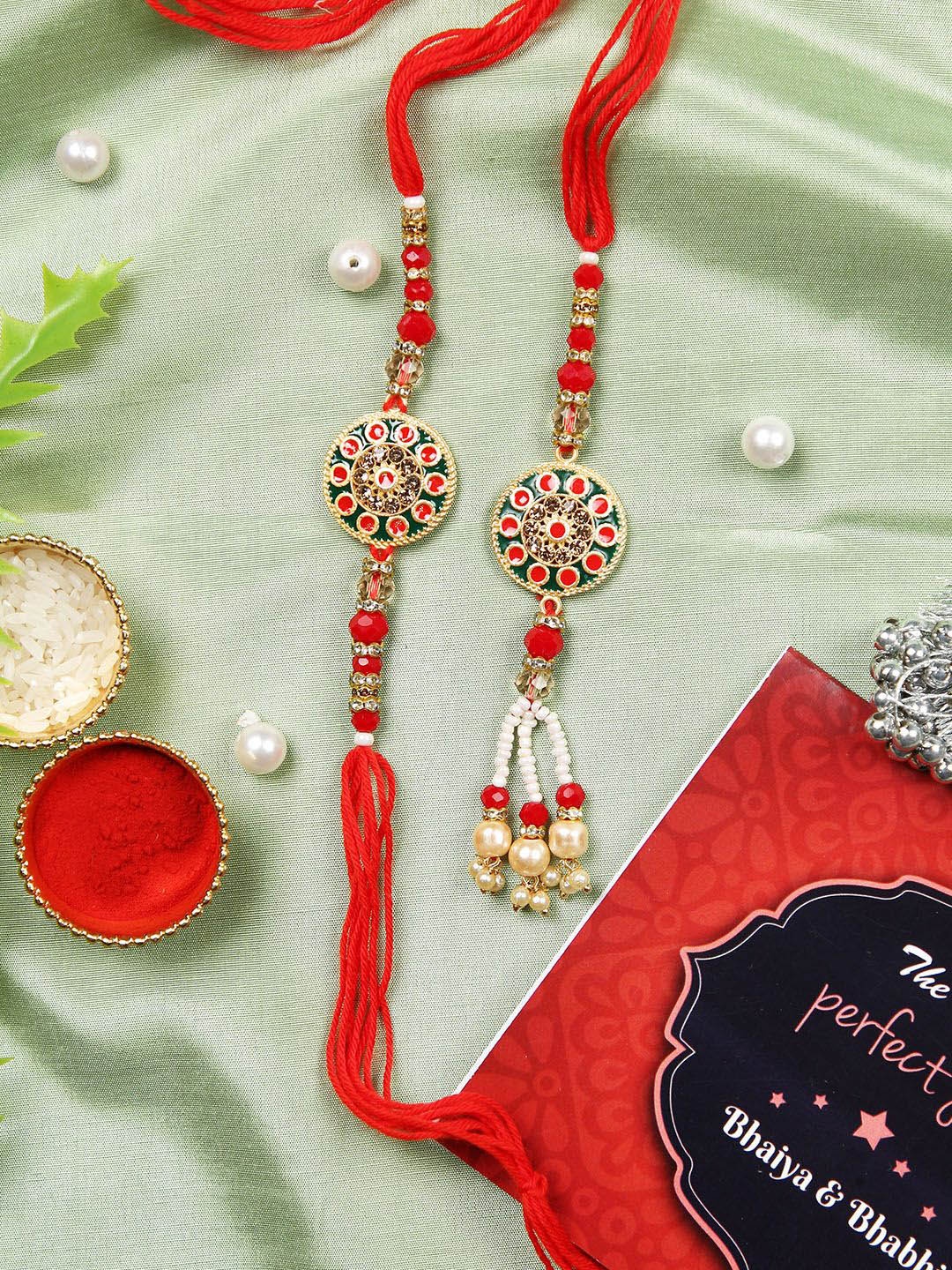 

TIED RIBBONS Set of 2 Kundan Rakhi Bhaiya Bhabhi, Card and Roli Chawal Pack, Gold