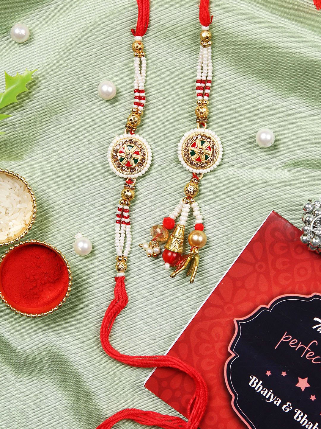 

TIED RIBBONS Set of 2 Premium Kundan Brother Bhabhi Rakhi, Card Combo, Red
