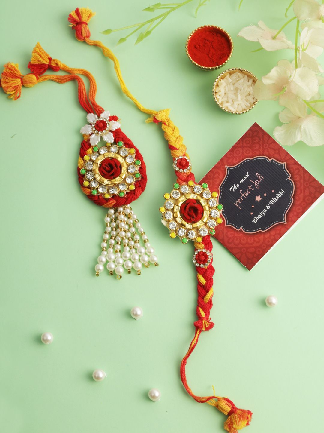 

TIED RIBBONS Set of 2 Bhaiya Bhabhi Stone Rakhi with Card and Roli Chawal Gift, Yellow