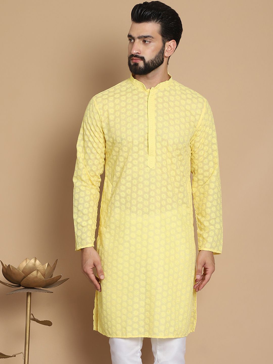 

Anouk Yellow Geometric Embroidered Mandarin Collar Pure Cotton Straight Kurta