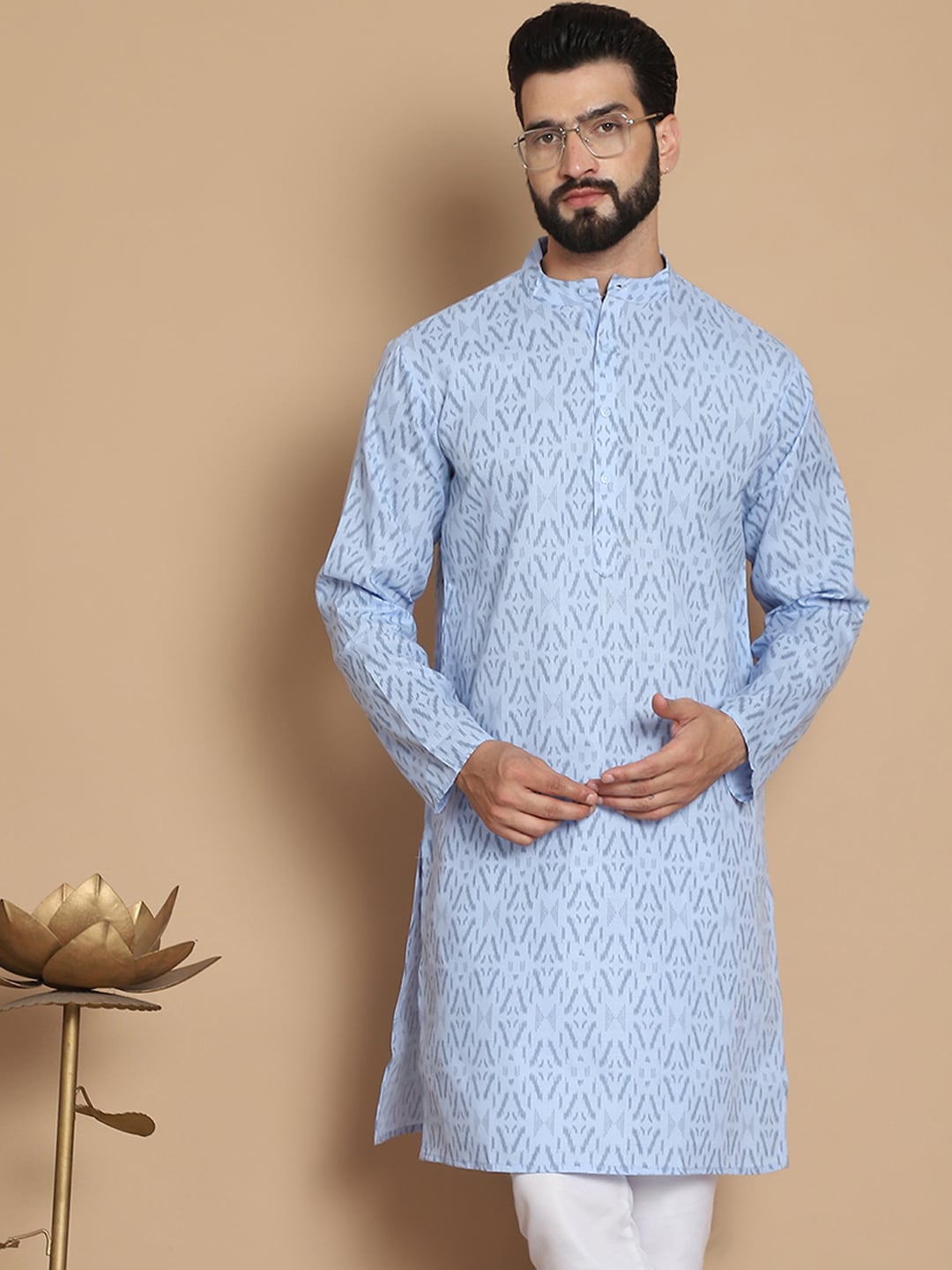 

Anouk Blue Ethnic Motifs Printed Mandarin Collar Pure Cotton Straight Kurta