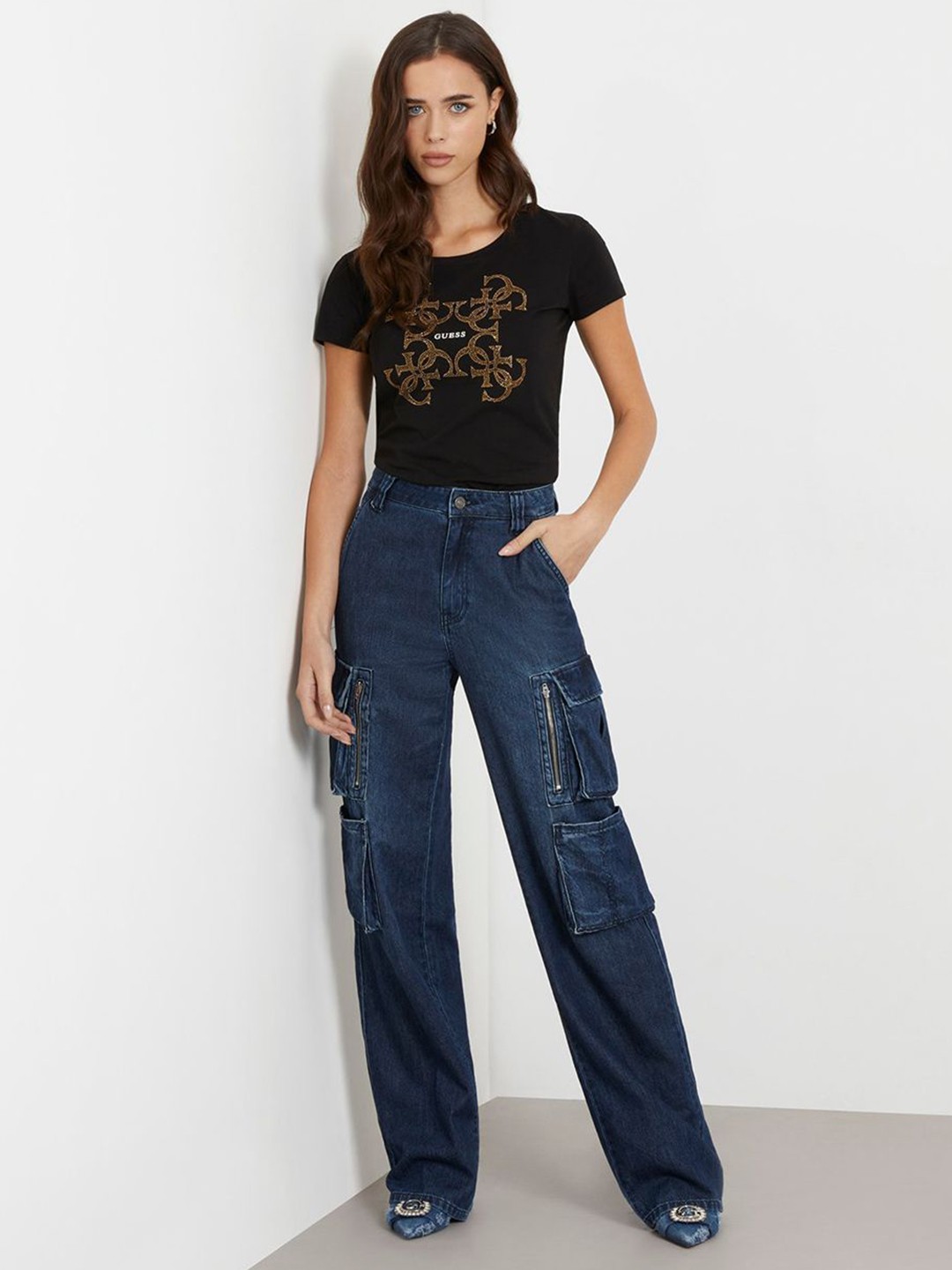 GUESS Women Embellished Typography Printed Round Neck Slim Fit T-shirt, Black