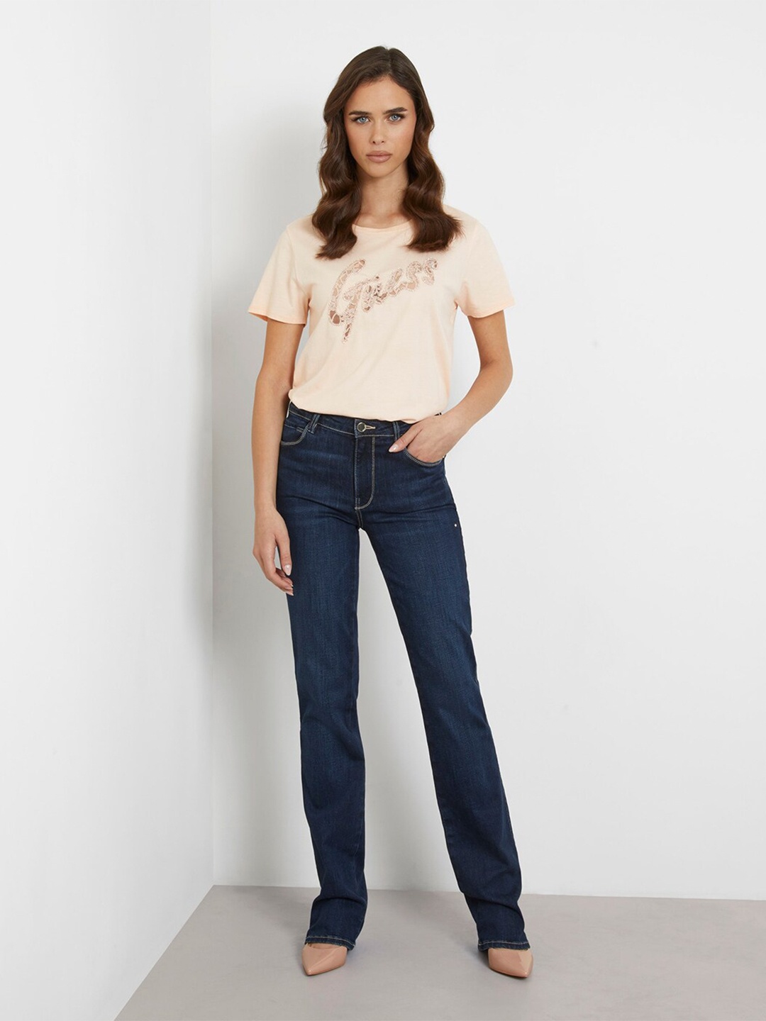 

GUESS Women Typography Embellished Round Neck Cotton T-shirt, Beige