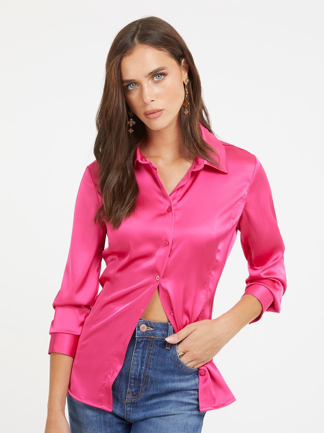 

GUESS Women Solid Spread Collar Slim Fit Casual Shirt, Pink