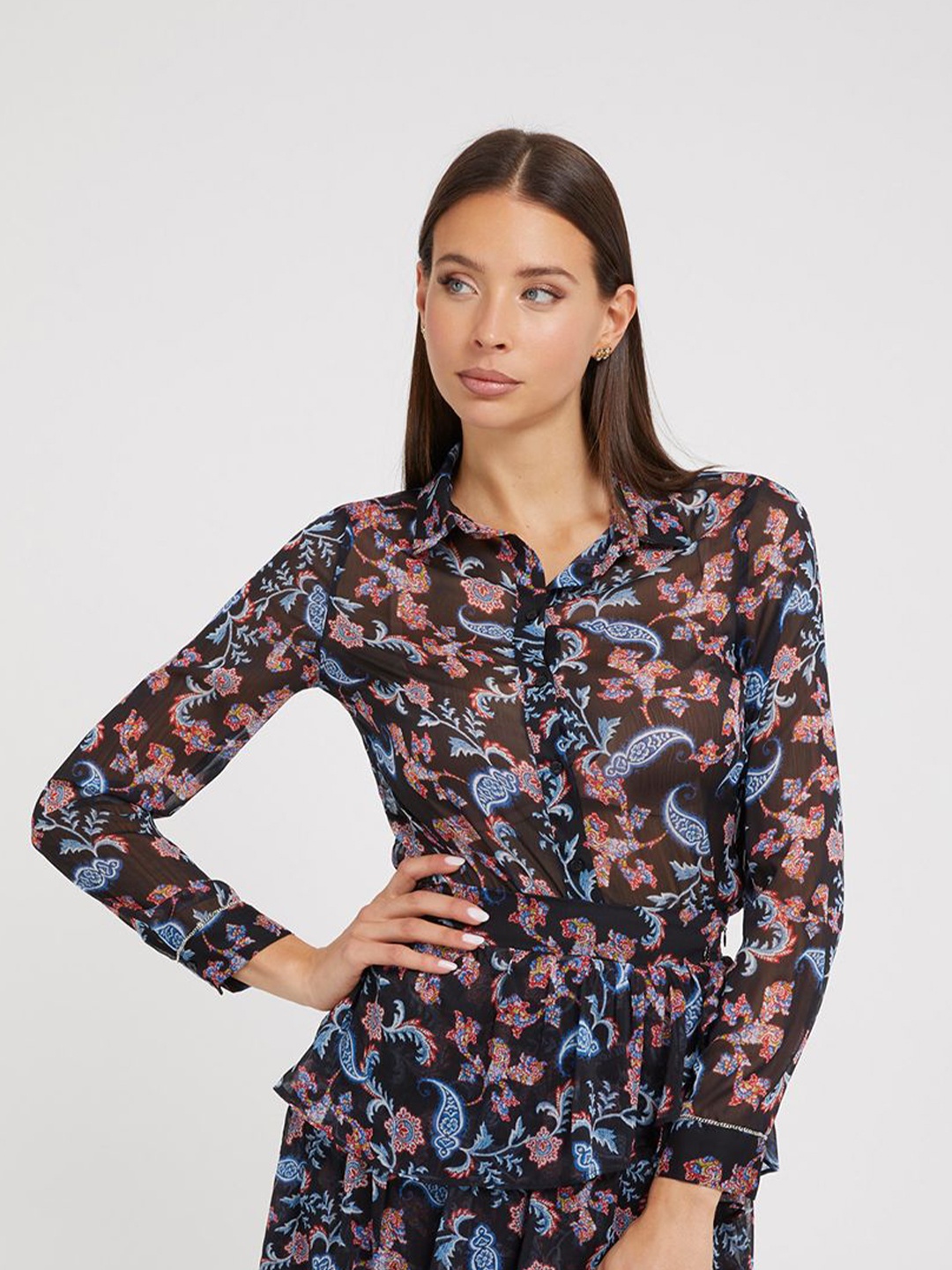 

GUESS Women Ethnic Printed Spread Collar Casual Shirt, Black