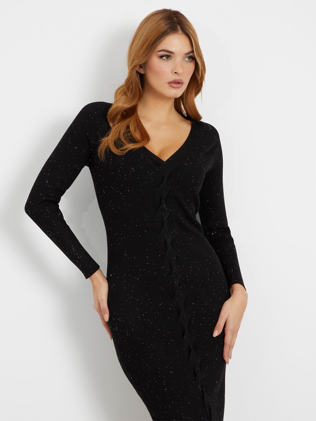 

GUESS Women V-neck Full Sleeve Bodycon Dress, Black
