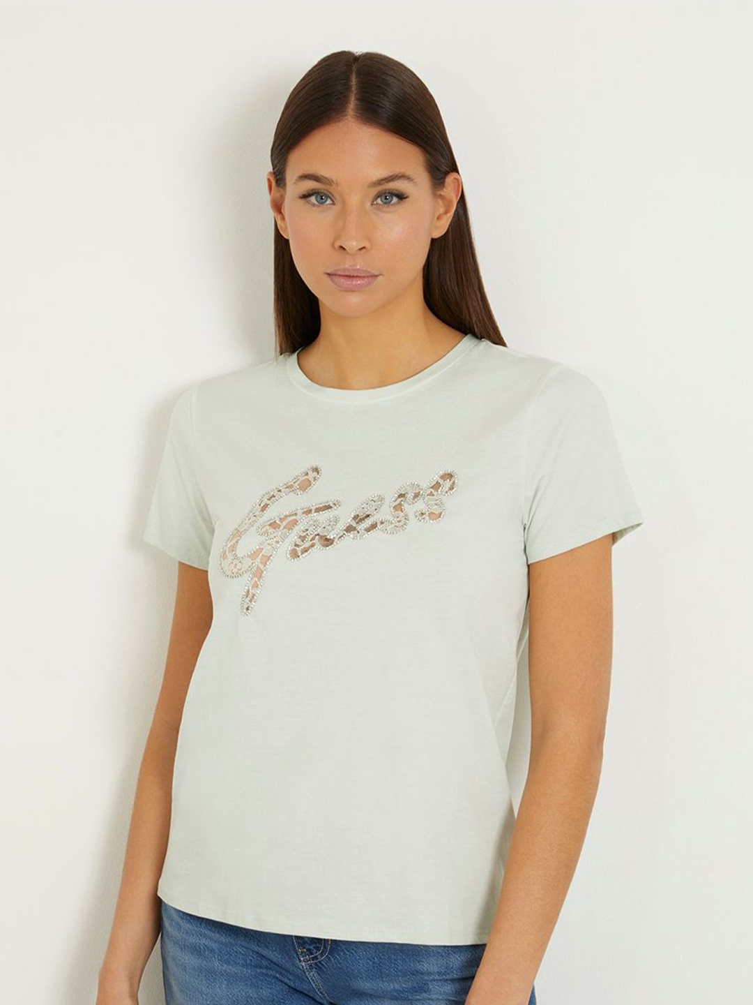 

GUESS Women Typography Embellished Round Neck Slim Fit T-shirt, White