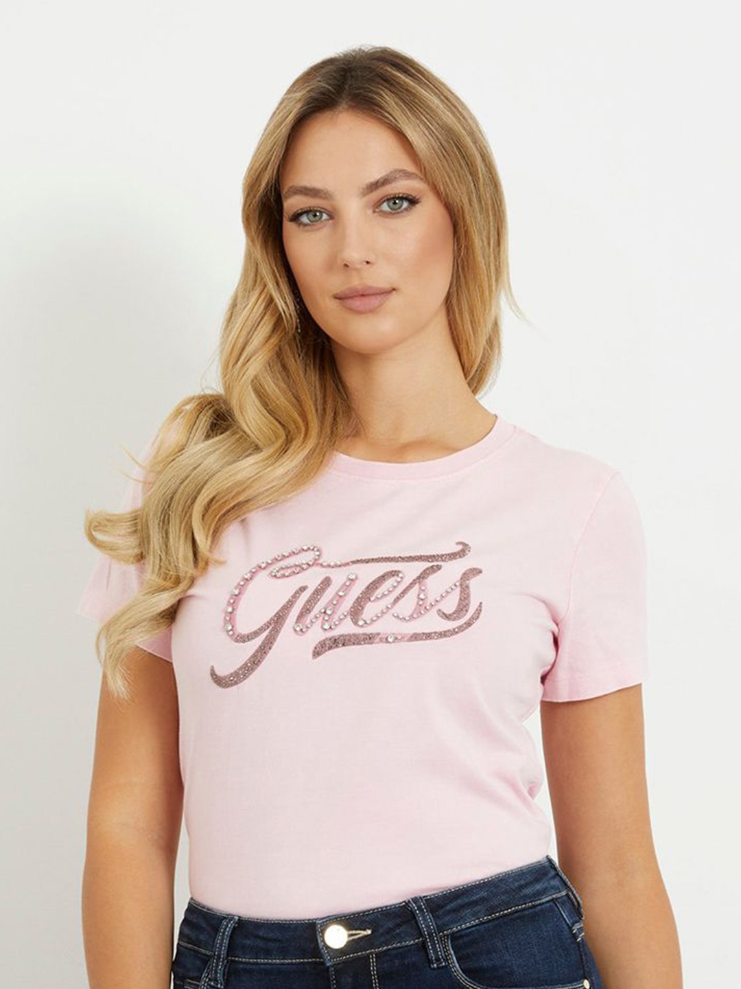 

GUESS Women Typography Embellished Round Neck Cotton T-shirt, Pink