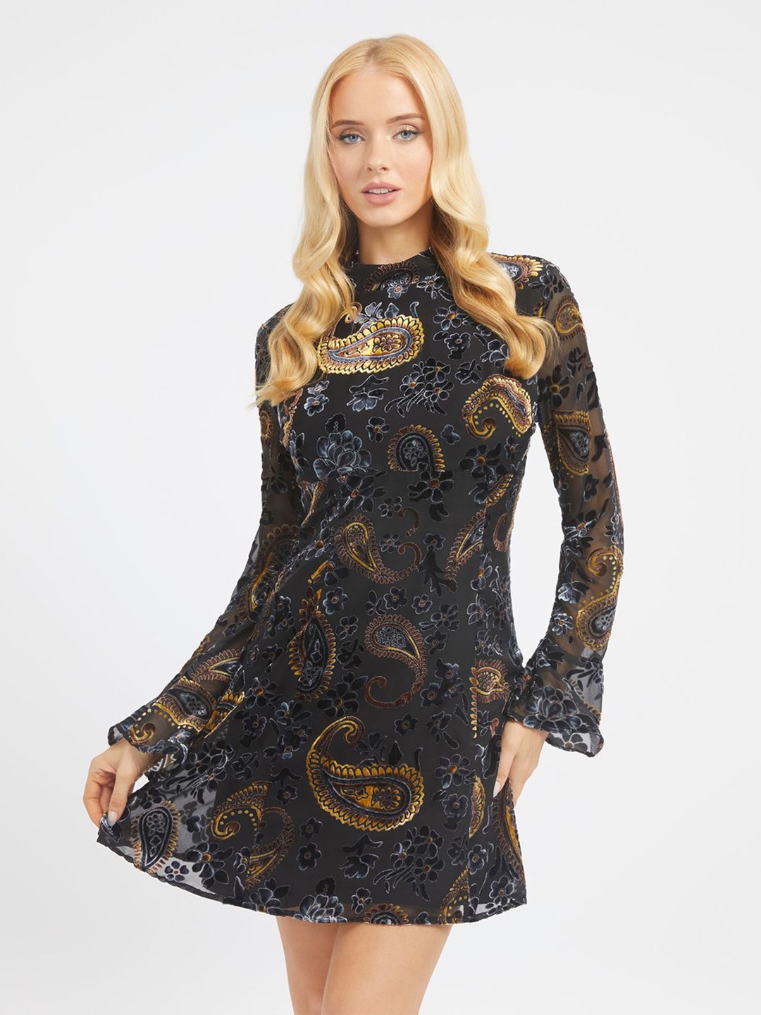 

GUESS Print Bell Sleeve A-Line Mini Dress, Black