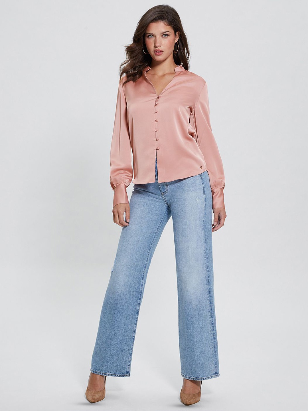 

GUESS Women Solid Mandarin Collar Casual Shirt, Pink
