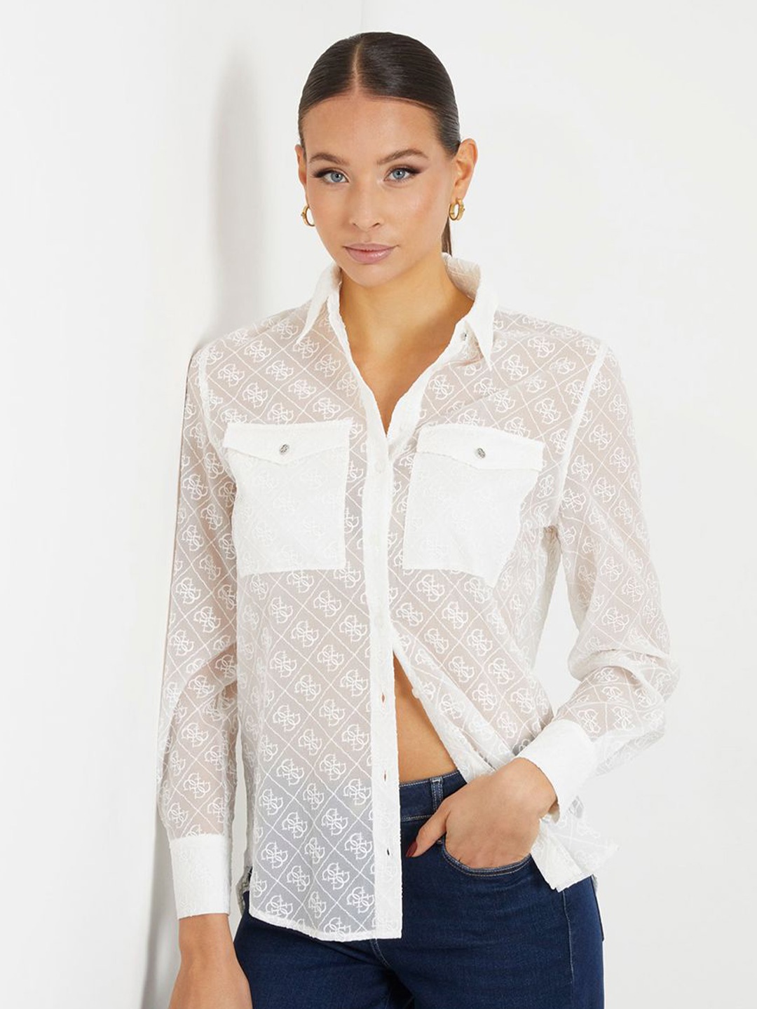 

GUESS Women Embroidered Pockets Casual Shirt, White