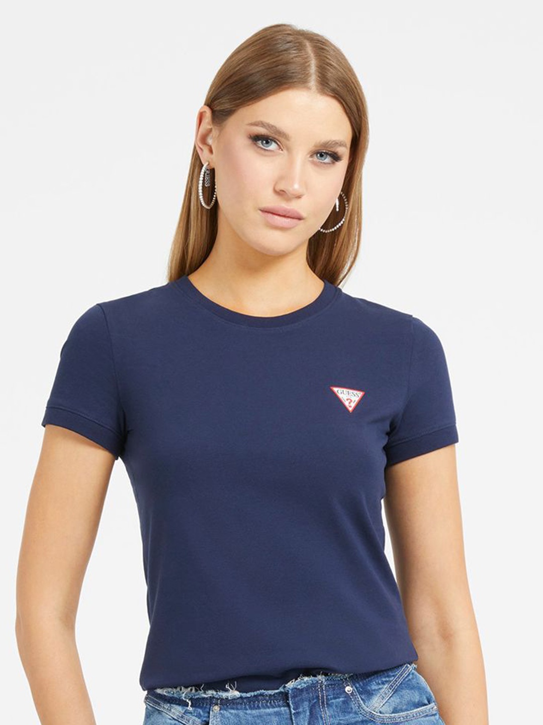 

GUESS Women Printed Round Neck Slim Fit T-shirt, Navy blue